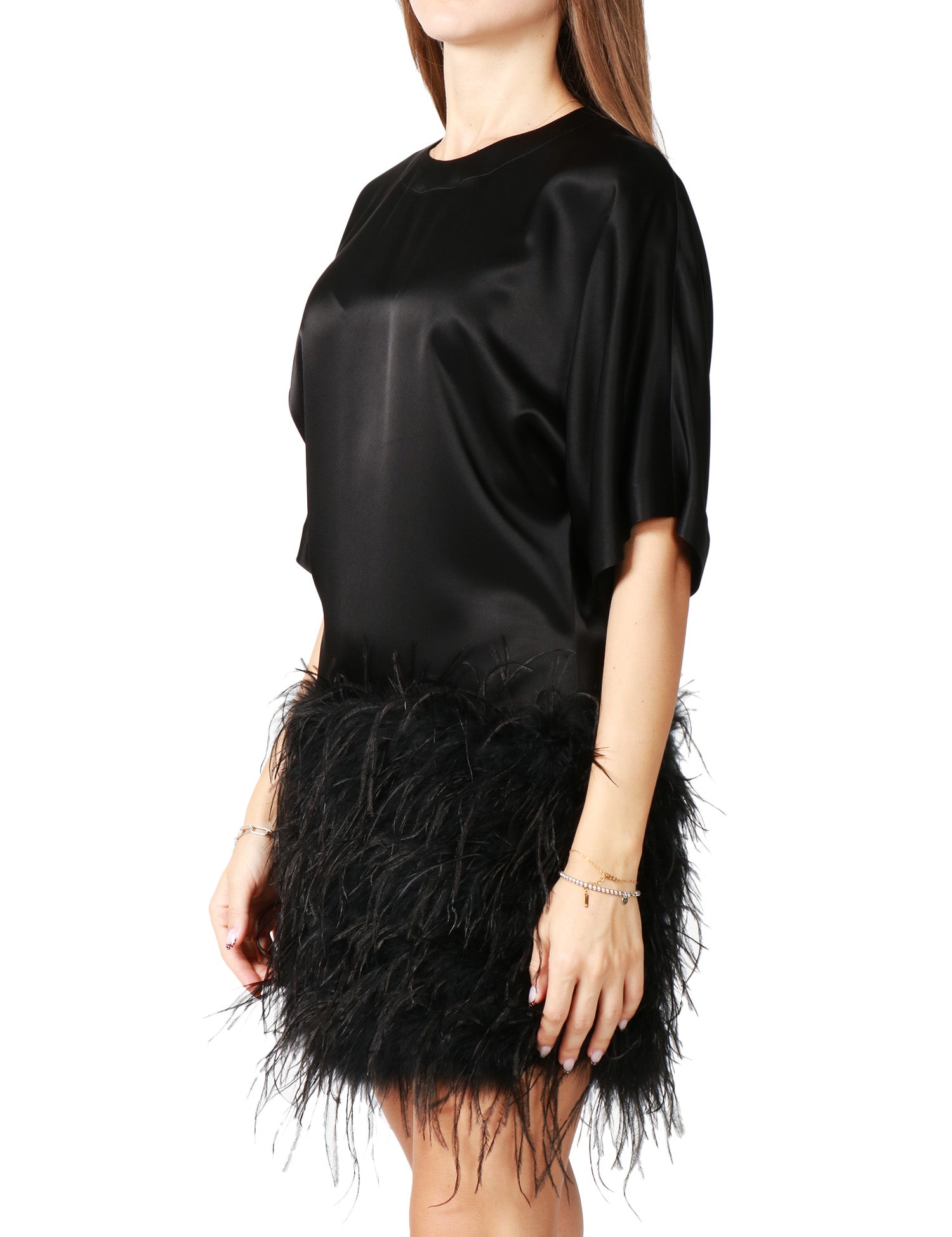 ABITO DONNA PINKO SAPIENTINO NERO IN RASO LUCIDO A MEZZA MANICA CON PIUME APPLICATE SULLA GONNA