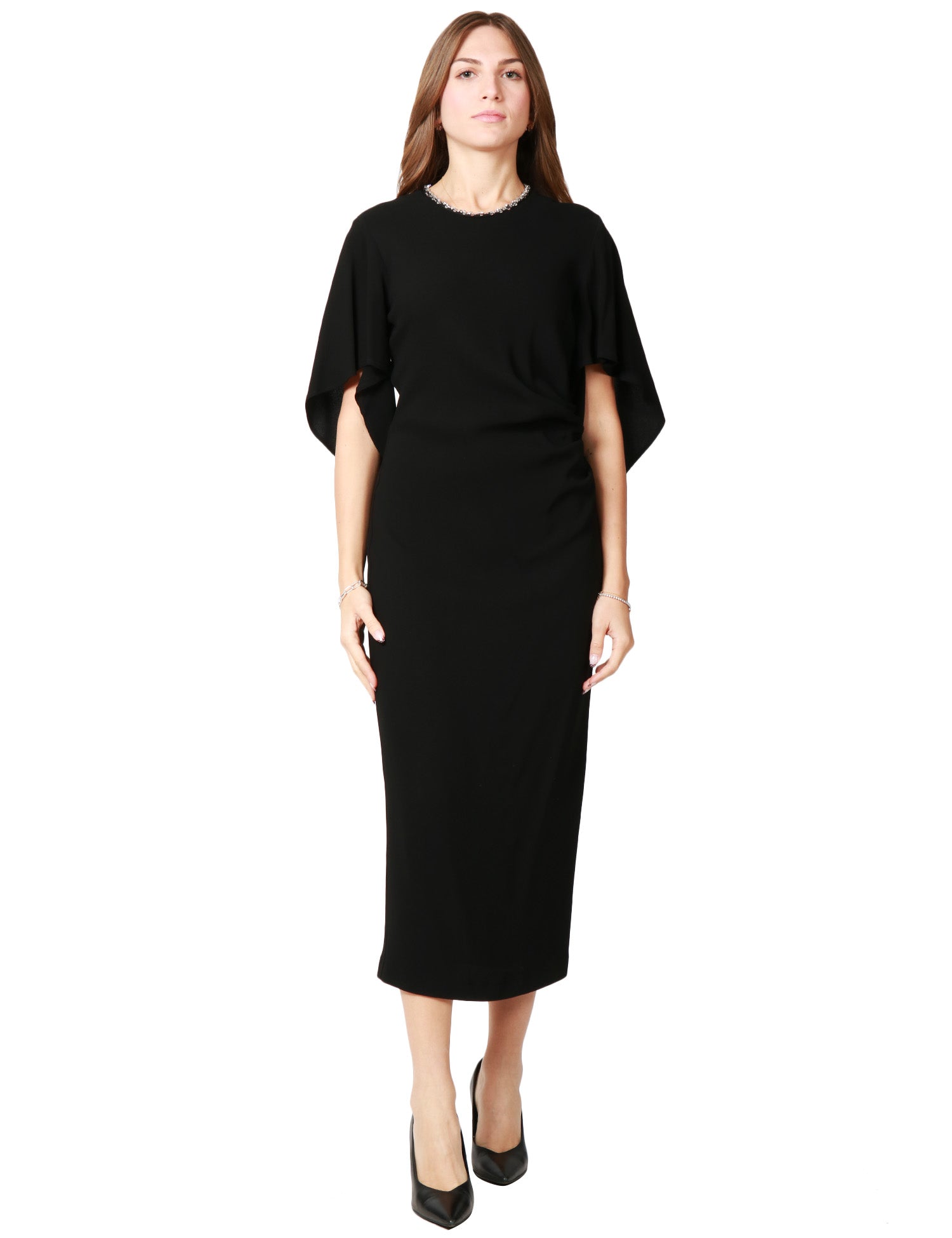 ABITO DONNA PINKO SCOPONE NERO ADERENTE CON MEZZE MANICHE AMPIE E PALILLETTES SULLO SCOLLO