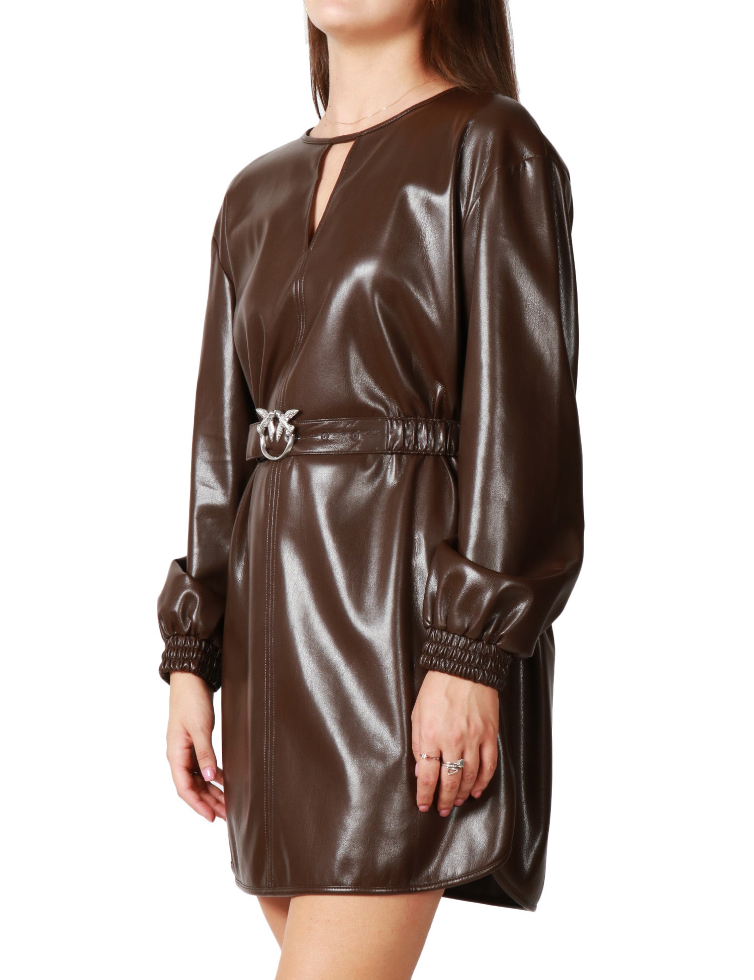 ABITO DONNA PINKO SFUMATO MARRONE IN SIMILPELLE CON APERTURA SULLO SCOLLO E CINTURA IN VITA
