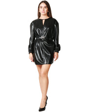 ABITO DONNA PINKO SFUMATO NERO IN SIMILPELLE CON APERTURA SULLO SCOLLO E CINTURA IN VITA