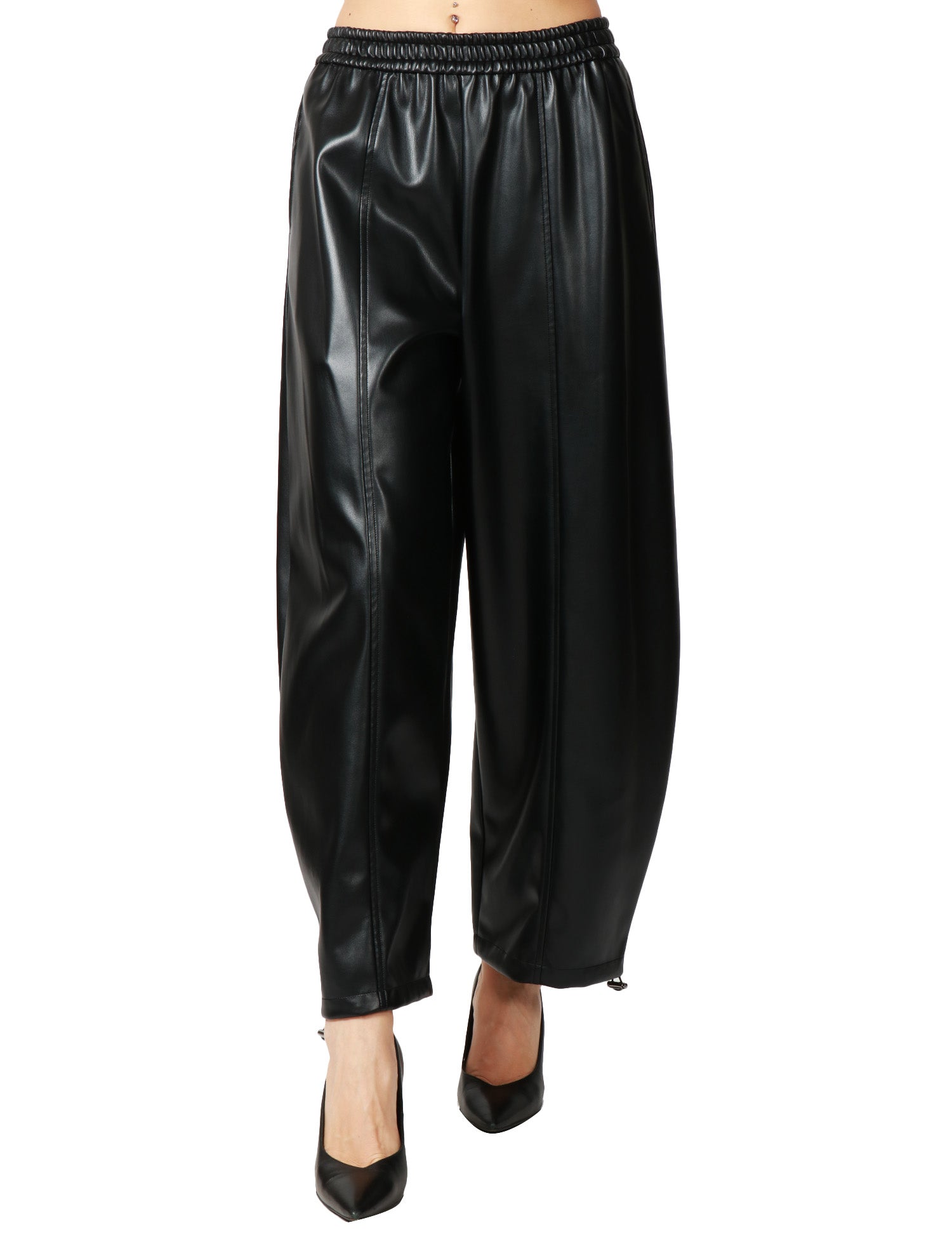 PANTALONE DONNA PINKO SPEZIA NERO BALLON-FIT IN SIMILPELLE CON VITA ELASTICATA