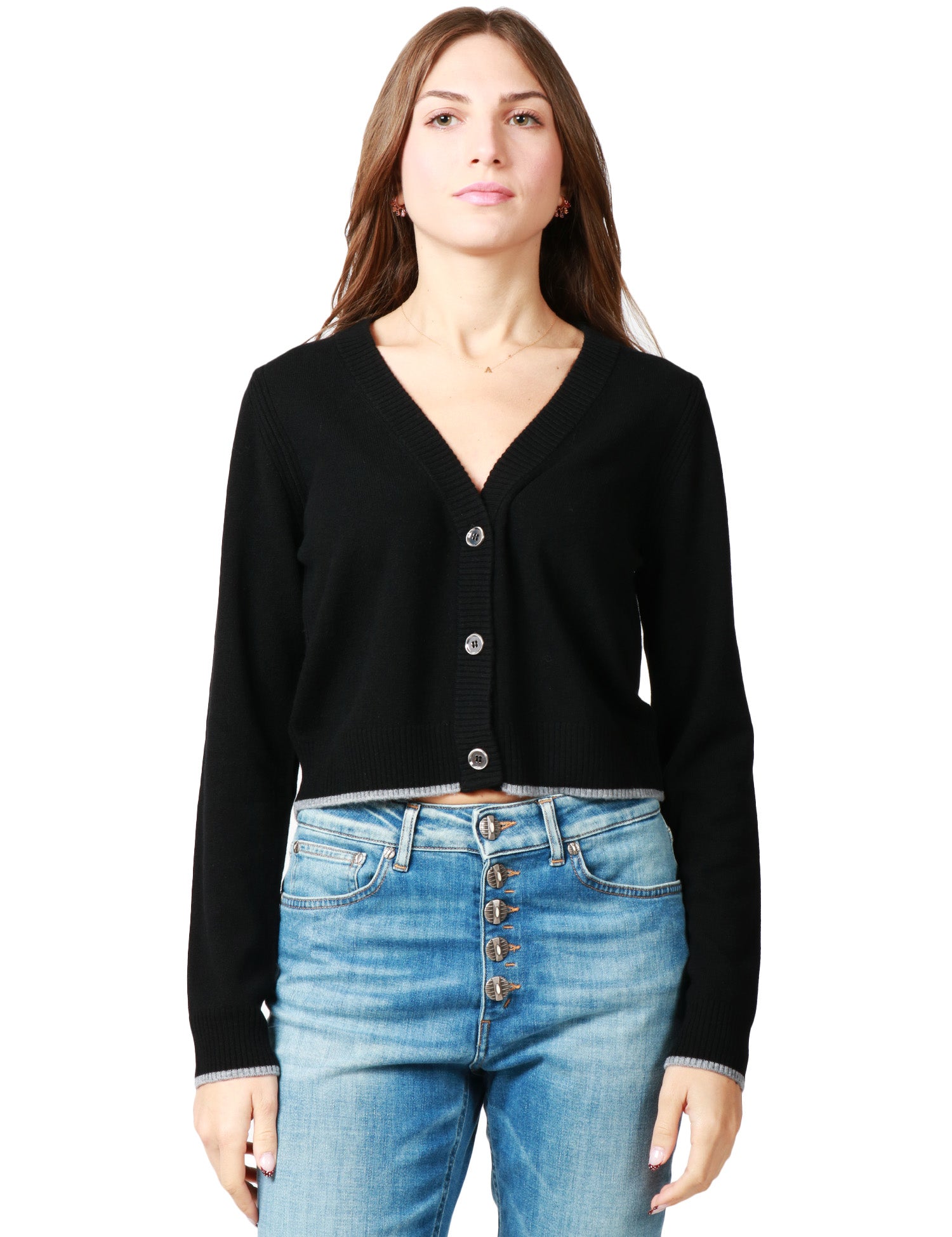 CARDIGAN DONNA PINKO STROMBOLI NERO CON SCOLLO A V E BOTTONI IN MISTO LANA MERINO E CASHMERE