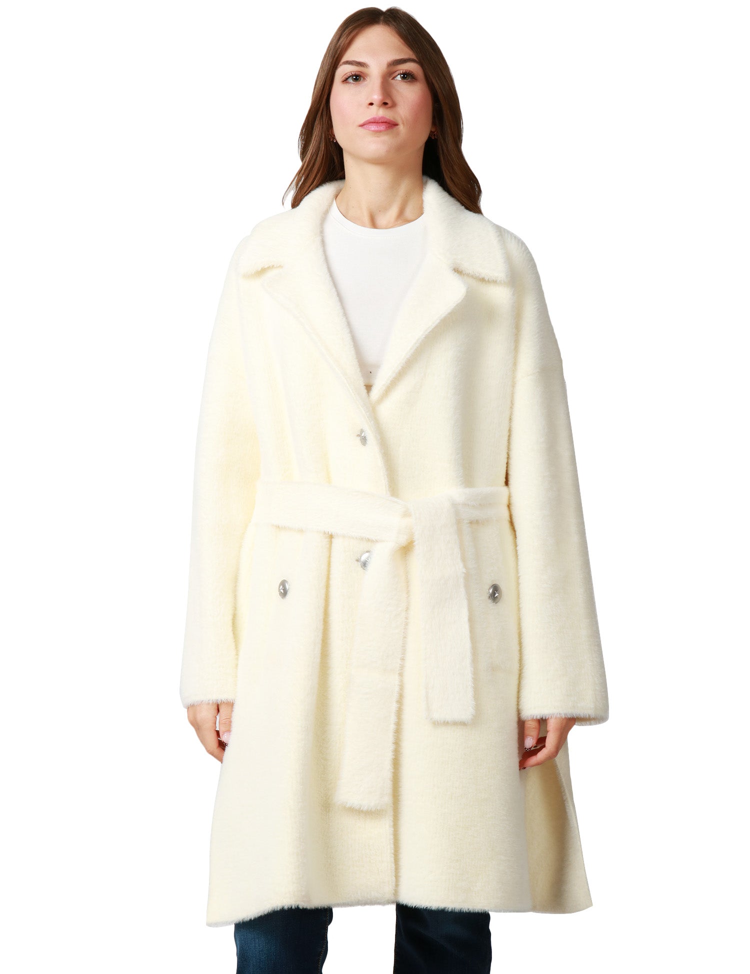 CAPPOTTO DONNA PINKO ZANTE BIANCO IN TESSUTO ASPEN CON BOTTONI METALLICI E CINTURA IN VITA