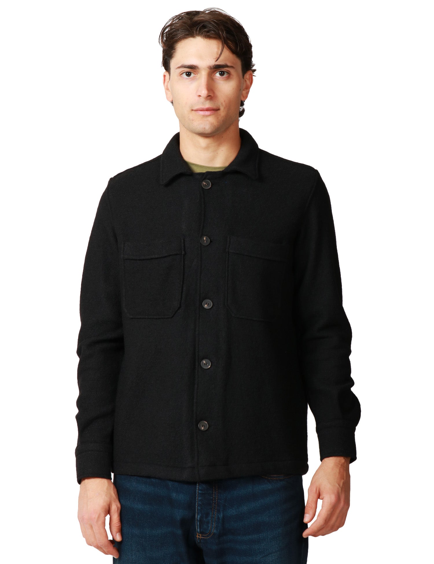 OVER SHIRT UOMO PORTOFIORI NERA IN LANACOTTA CON TASCHE A TOPPA SUL PETTO