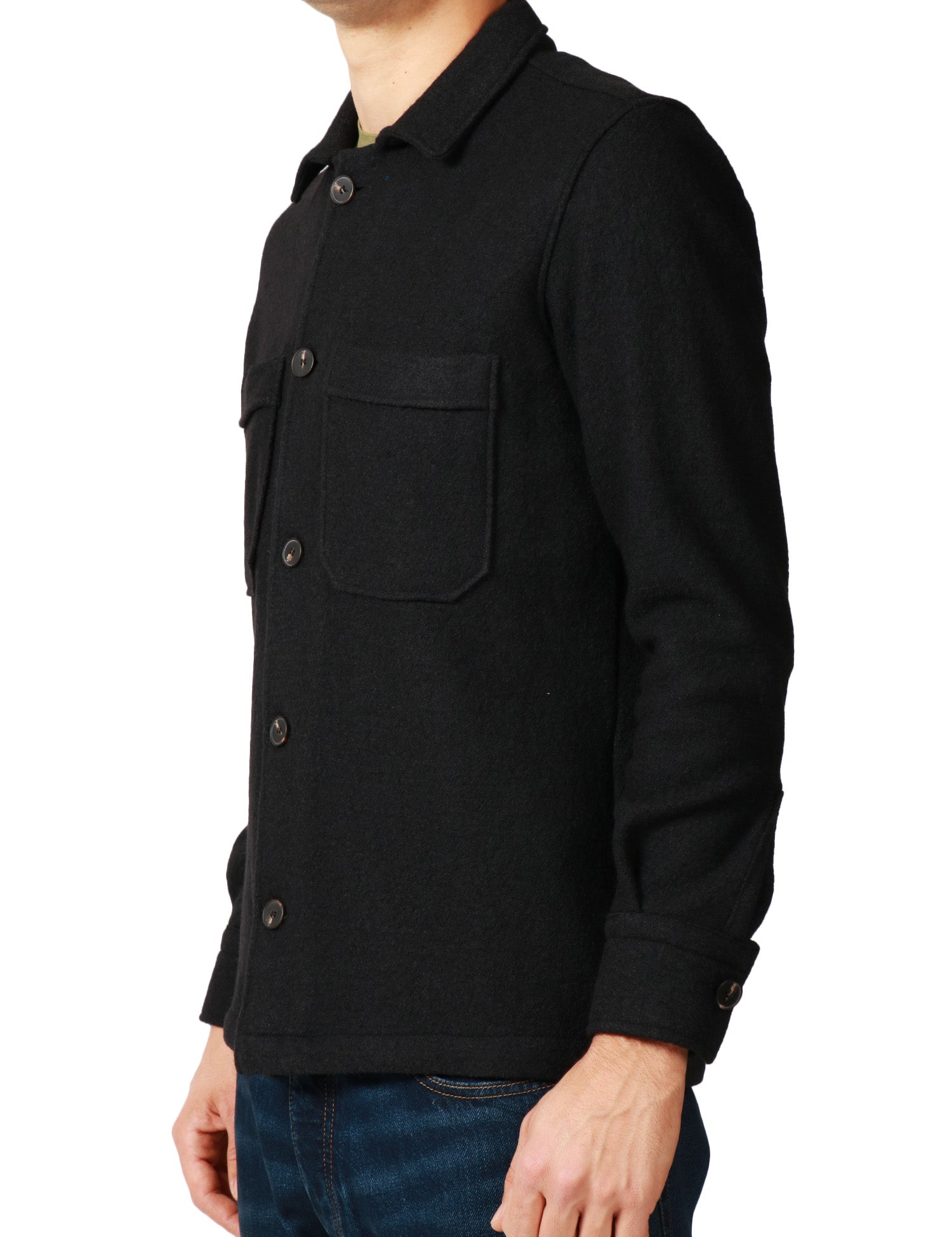 OVER SHIRT UOMO PORTOFIORI NERA IN LANACOTTA CON TASCHE A TOPPA SUL PETTO