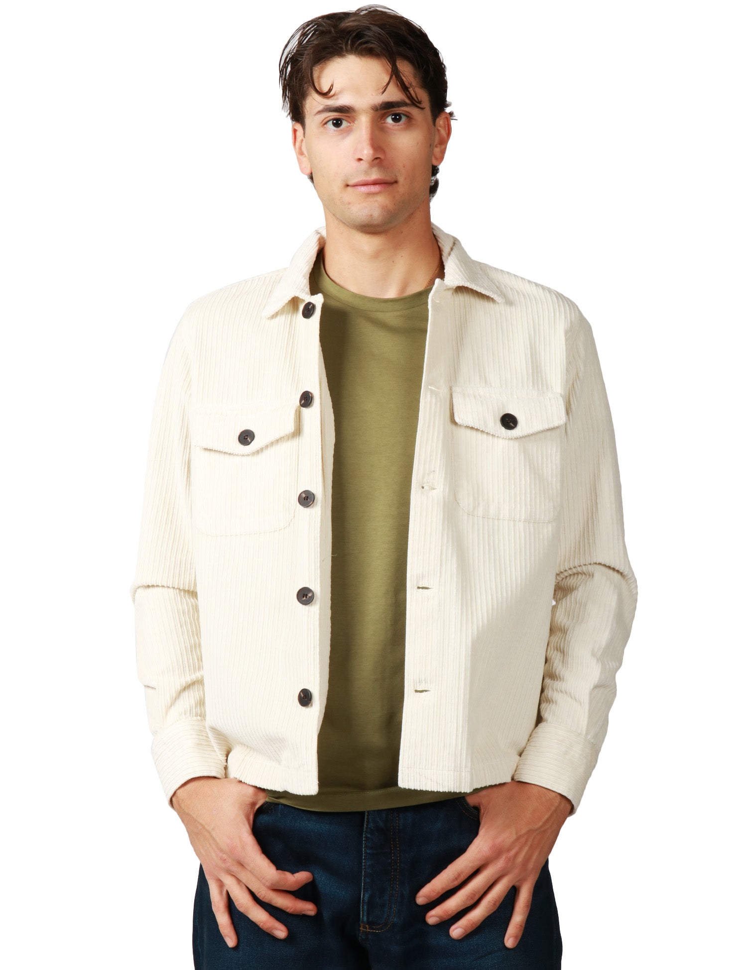 OVER SHIRT UOMO PORTOFIORI PANNA IN VELLUTO A COSTE CON TASCHE SUL PETTO