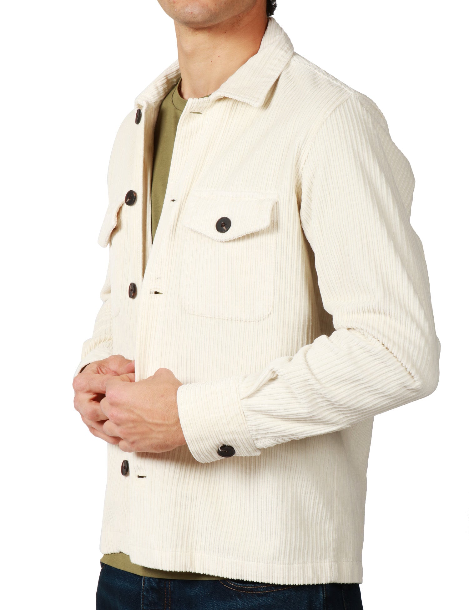 OVER SHIRT UOMO PORTOFIORI PANNA IN VELLUTO A COSTE CON TASCHE SUL PETTO