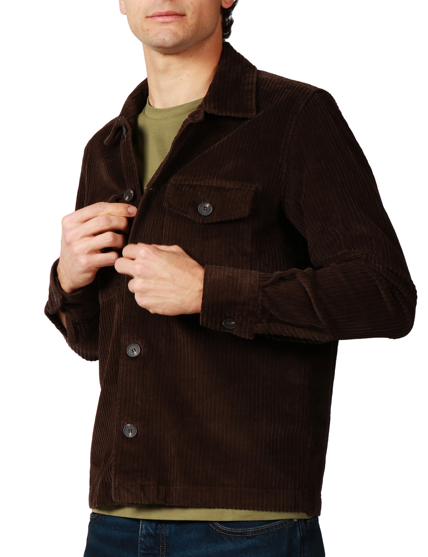 OVER SHIRT UOMO PORTOFIORI MARRONE IN VELLUTO A COSTE CON TASCHE SUL PETTO