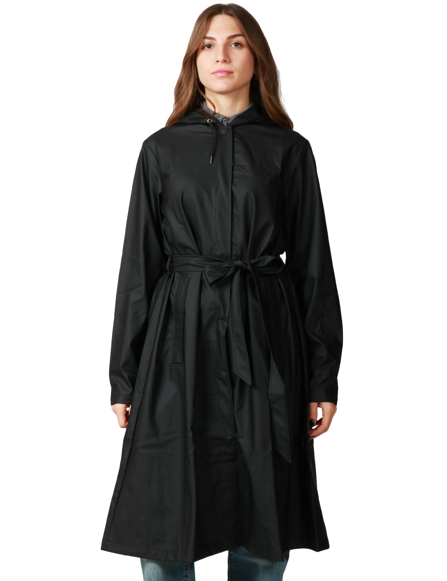 CAPPOTTO IMPERMEABILE DONNA RAINS A-LINE NERO TRAPEZOIDALE CON CINTURA IN VITA E CAPPUCCIO