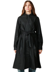 CAPPOTTO IMPERMEABILE DONNA RAINS A-LINE NERO TRAPEZOIDALE CON CINTURA IN VITA E CAPPUCCIO