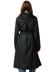 CAPPOTTO IMPERMEABILE DONNA RAINS A-LINE NERO TRAPEZOIDALE CON CINTURA IN VITA E CAPPUCCIO