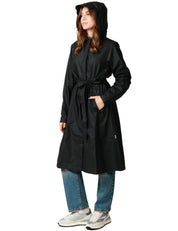 CAPPOTTO IMPERMEABILE DONNA RAINS A-LINE NERO TRAPEZOIDALE CON CINTURA IN VITA E CAPPUCCIO