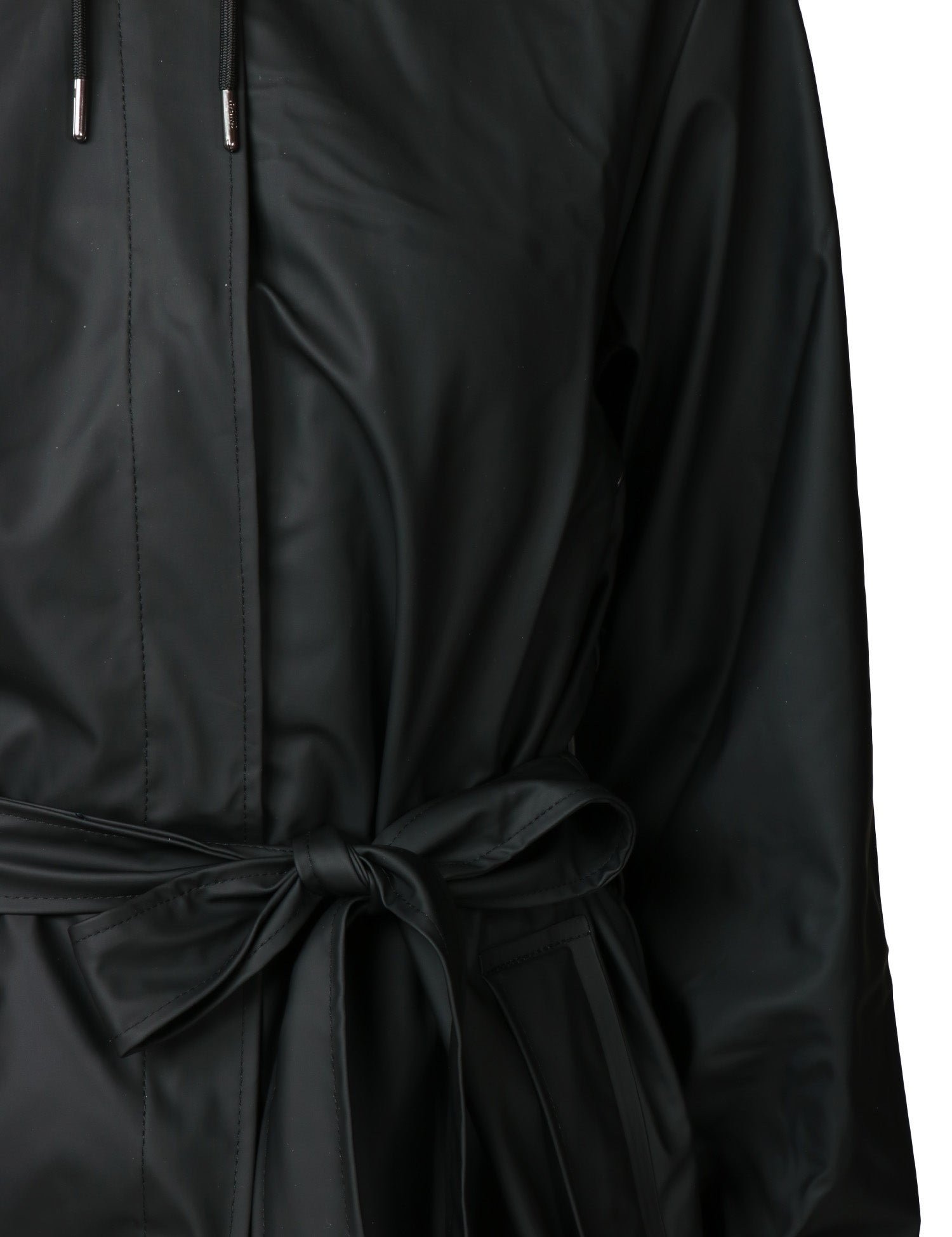 CAPPOTTO IMPERMEABILE DONNA RAINS A-LINE NERO TRAPEZOIDALE CON CINTURA IN VITA E CAPPUCCIO