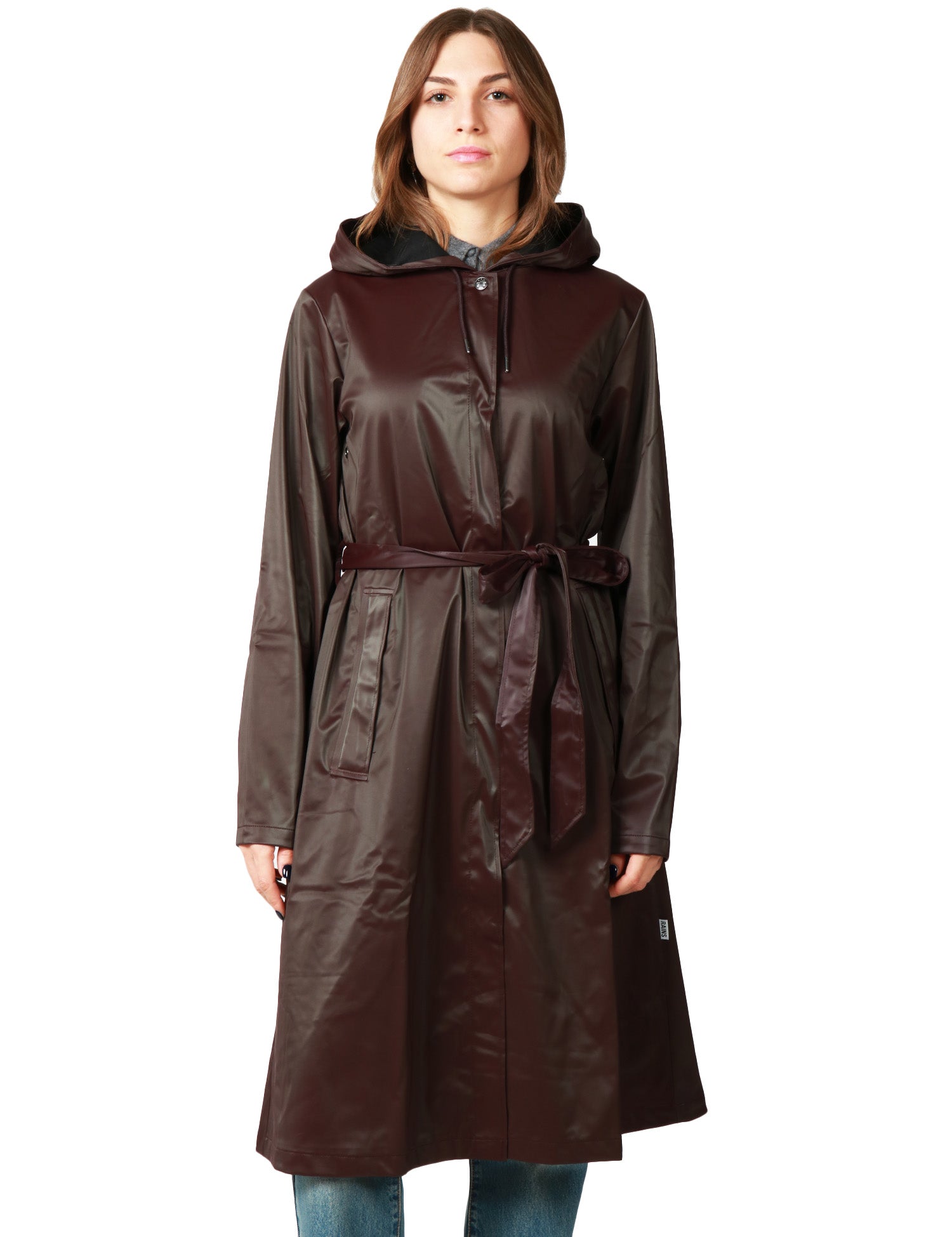 CAPPOTTO IMPERMEABILE DONNA RAINS A-LINE BORDEAUX TRAPEZOIDALE CON CAPPUCCIO E CINTURA IN VITA