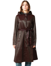 CAPPOTTO IMPERMEABILE DONNA RAINS A-LINE BORDEAUX TRAPEZOIDALE CON CAPPUCCIO E CINTURA IN VITA