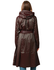 CAPPOTTO IMPERMEABILE DONNA RAINS A-LINE BORDEAUX TRAPEZOIDALE CON CAPPUCCIO E CINTURA IN VITA