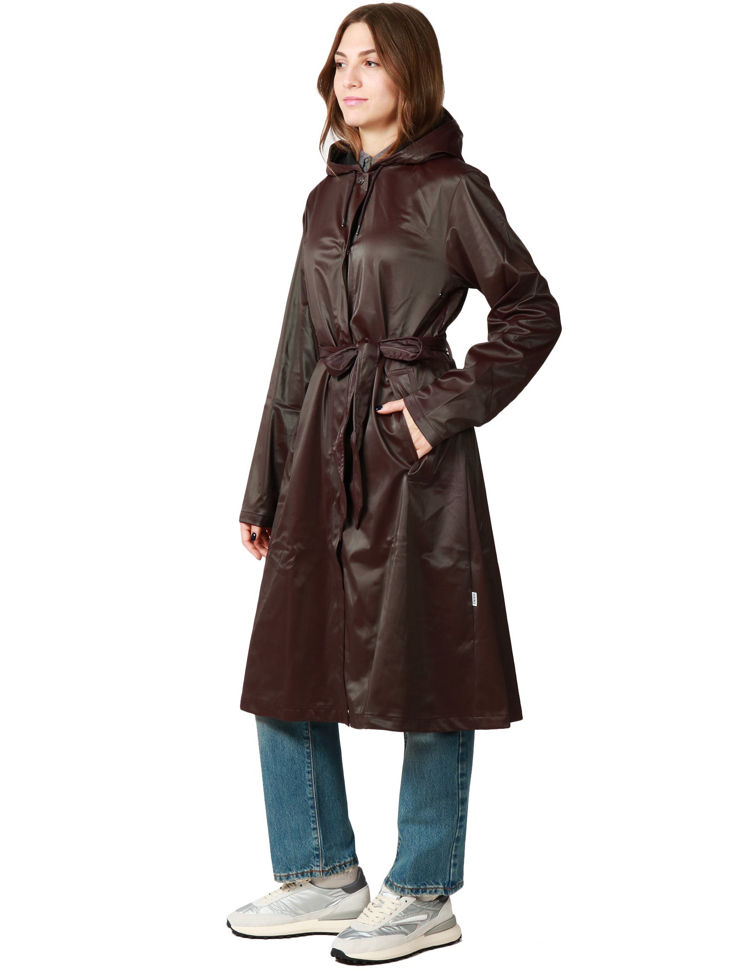 CAPPOTTO IMPERMEABILE DONNA RAINS A-LINE BORDEAUX TRAPEZOIDALE CON CAPPUCCIO E CINTURA IN VITA