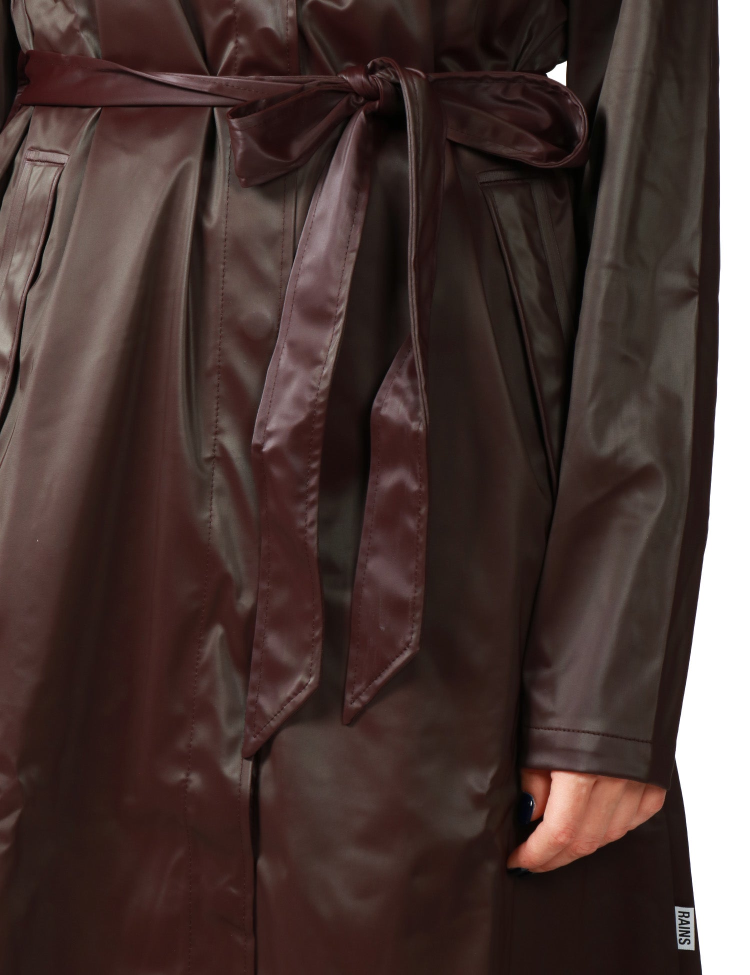 CAPPOTTO IMPERMEABILE DONNA RAINS A-LINE BORDEAUX TRAPEZOIDALE CON CAPPUCCIO E CINTURA IN VITA
