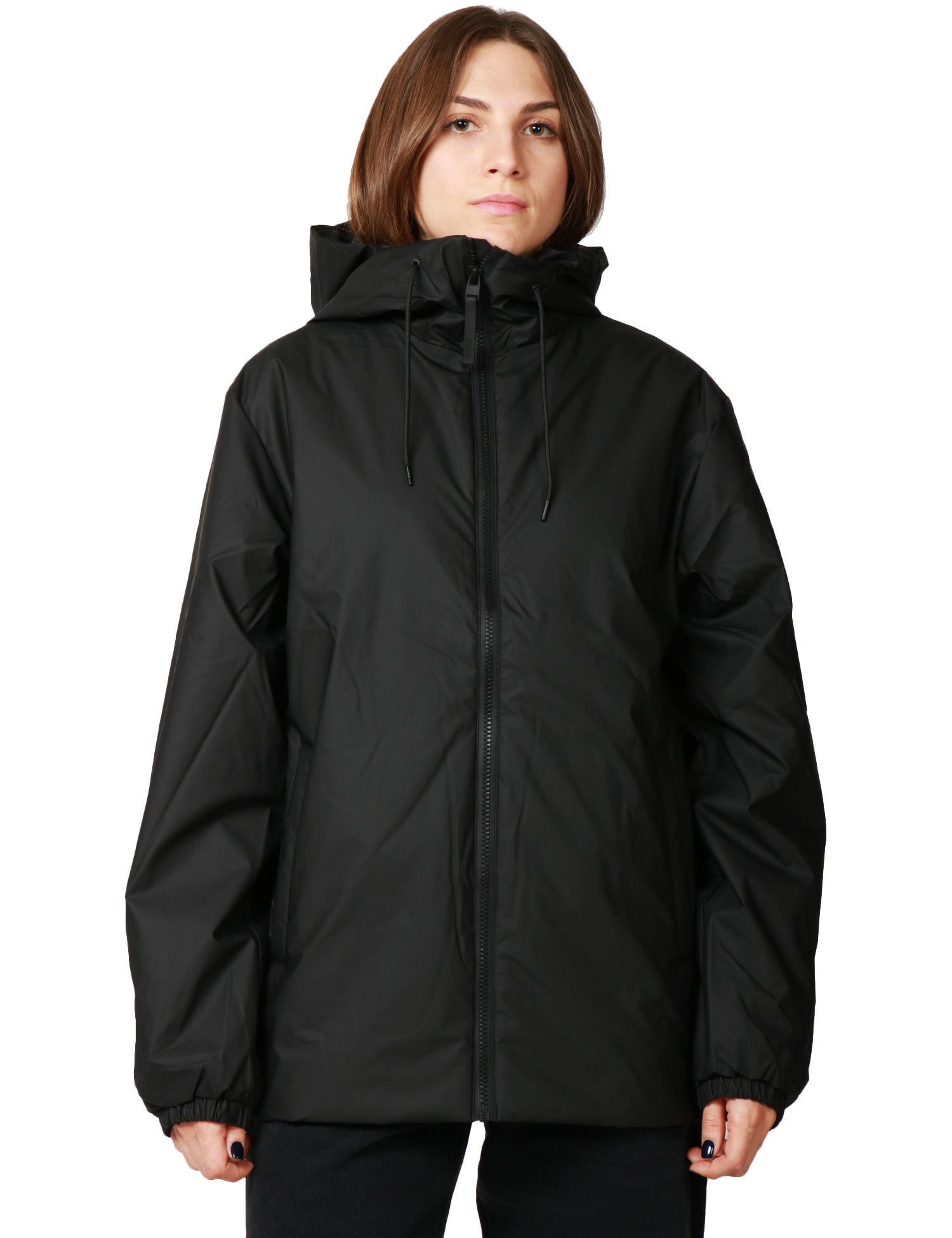 GIUBBOTTO DONNA RAINS LOHJA NERO LUNGHEZZA MEDIA CON CAPPUCCIO IN TESSUTO IMPRMEABILE
