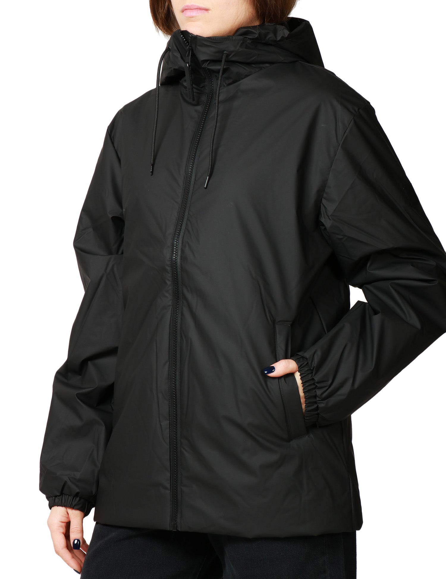 GIUBBOTTO DONNA RAINS LOHJA NERO LUNGHEZZA MEDIA CON CAPPUCCIO IN TESSUTO IMPRMEABILE
