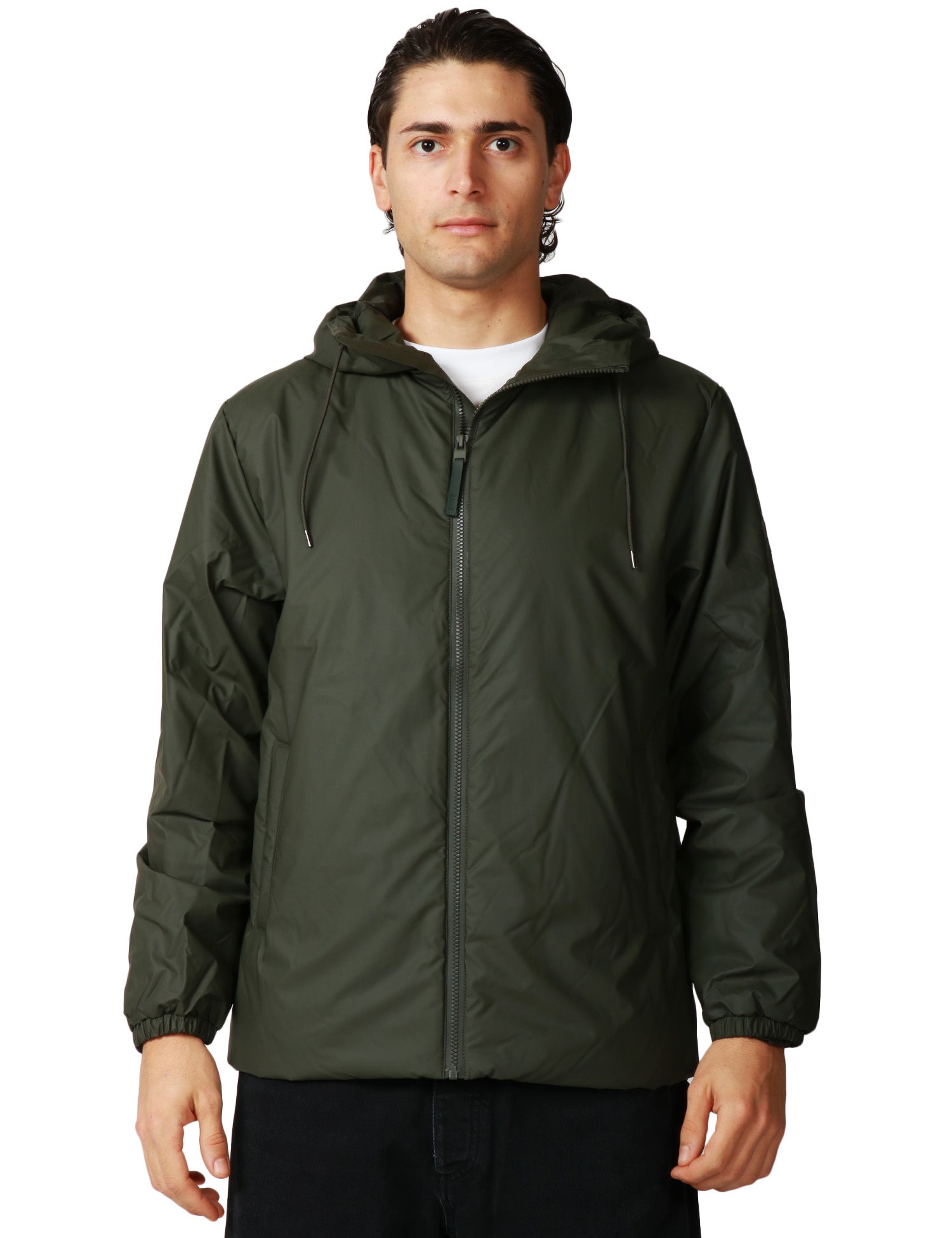 GIUBBINO UOMO RAINS LOHJA GREEN IN TESSUTO IMPERMEABILE E ANTIVENTO CON CAPPUCCIO