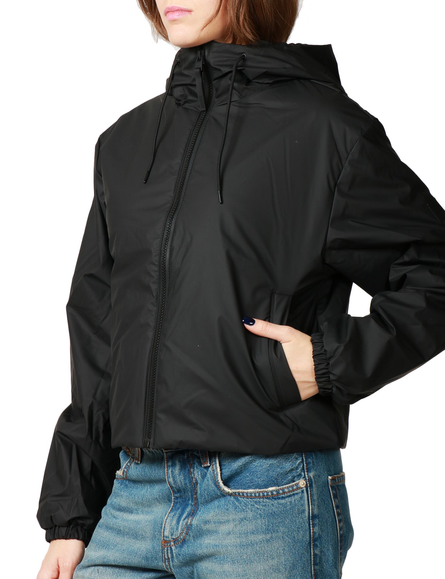 GIUBBINO DONNA RAINS LOHJA SHORT NERO IN TESSUTO IMPERMEABILE CON ZIP E CAPPUCCIO