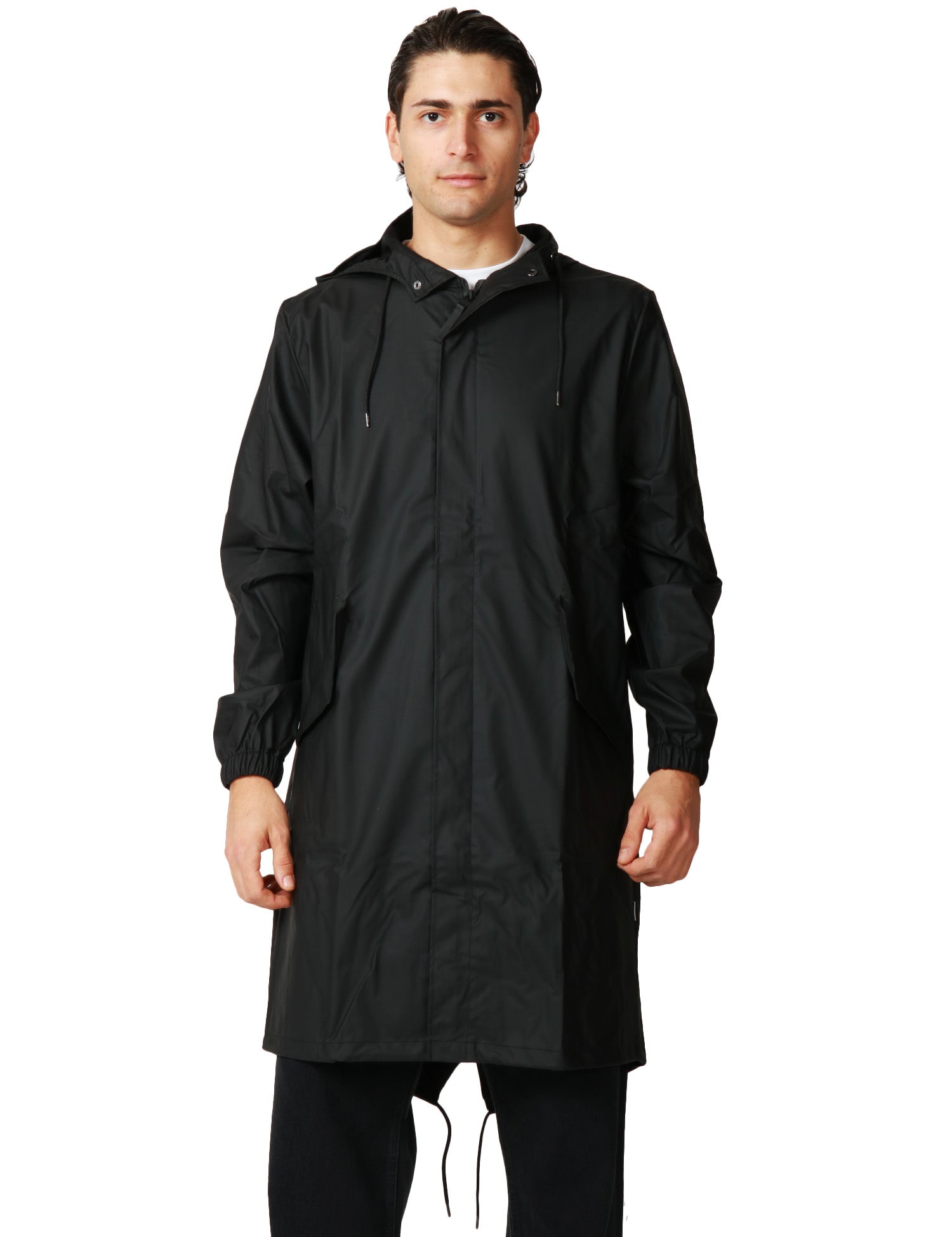 PARKA UOMO RAINS FISHTAIL NERO IN TESSUTO IMPERMEABILE CON CAPPUCCIO E ORLO A CODA DI PESCE