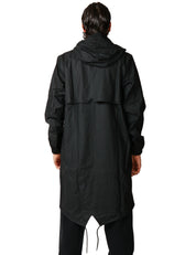 PARKA UOMO RAINS FISHTAIL NERO IN TESSUTO IMPERMEABILE CON CAPPUCCIO E ORLO A CODA DI PESCE