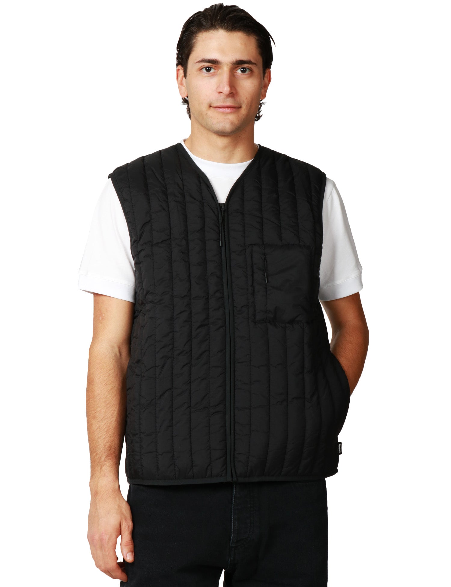 GILET UOMO RAINS BANJA LINER NERO TRAPUNTATO CON SCOLLO A V E TASCHINO