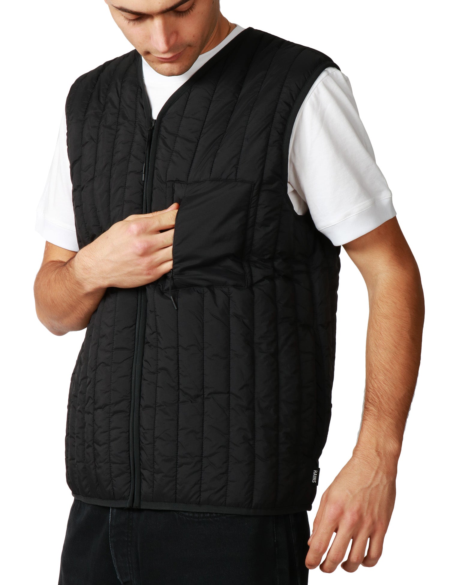 GILET UOMO RAINS BANJA LINER NERO TRAPUNTATO CON SCOLLO A V E TASCHINO