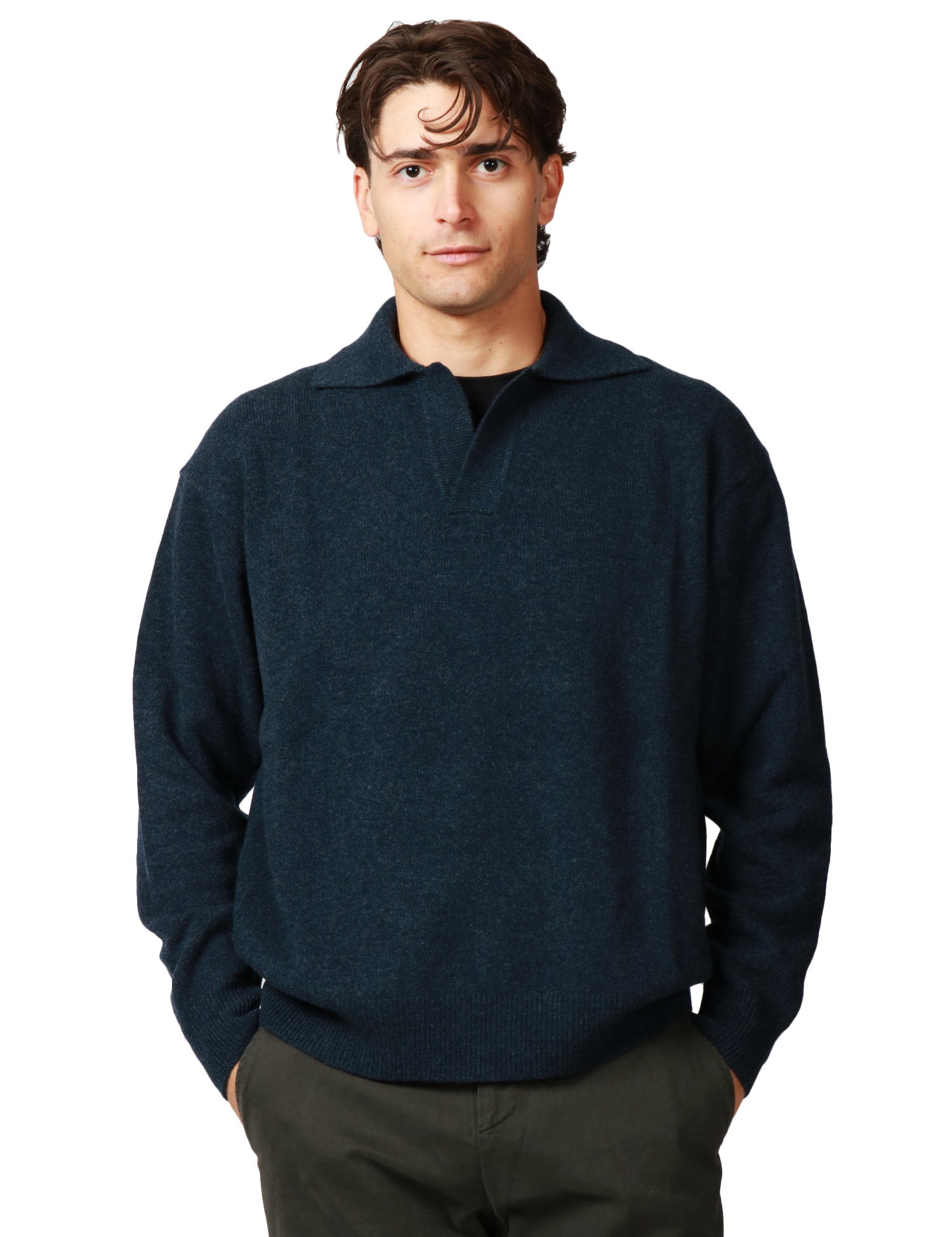 MAGLIA POLO UOMO ROBERTO COLLINA BLU DENIM OVER IN MISTO LANA E CASHMERE