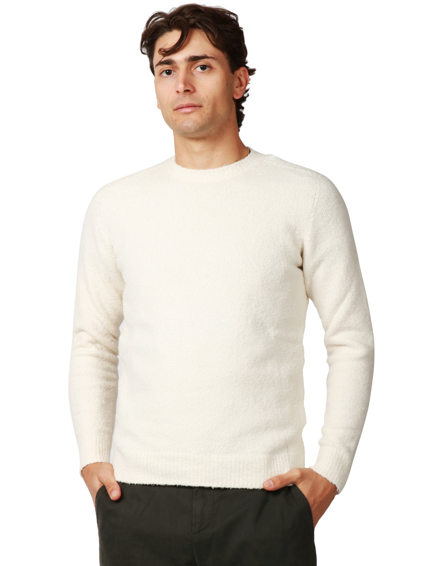 MAGLIA UOMO ROBERTO COLLINA ECRU GIROCOLLO IN COTONE CON LAVORAZIONE MOULINè