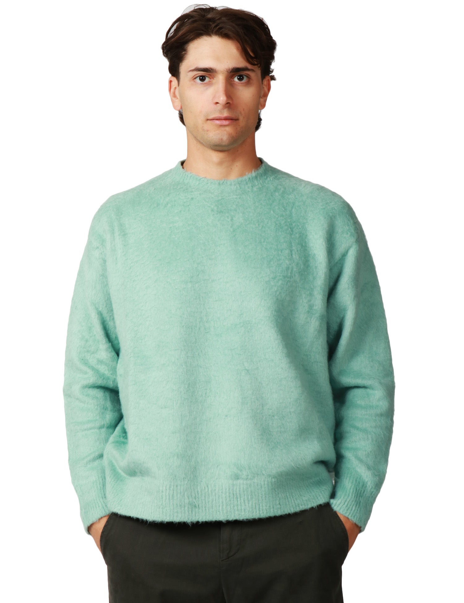 MAGLIONE UOMO ROBERTO COLLINA VERDE ACQUA GIROCOLLO IN COTONE PRESSATO GARZATO