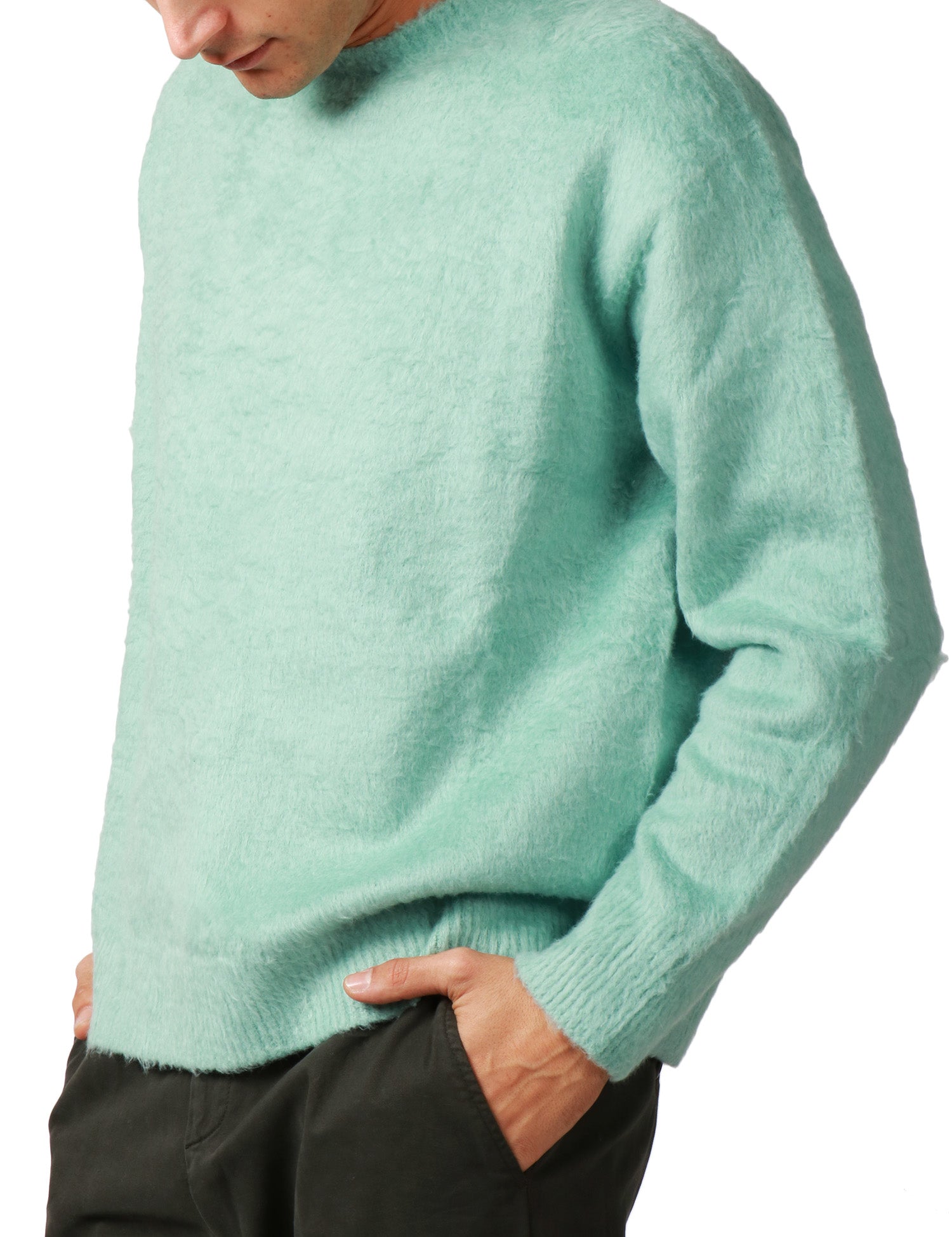 MAGLIONE UOMO ROBERTO COLLINA VERDE ACQUA GIROCOLLO IN COTONE PRESSATO GARZATO