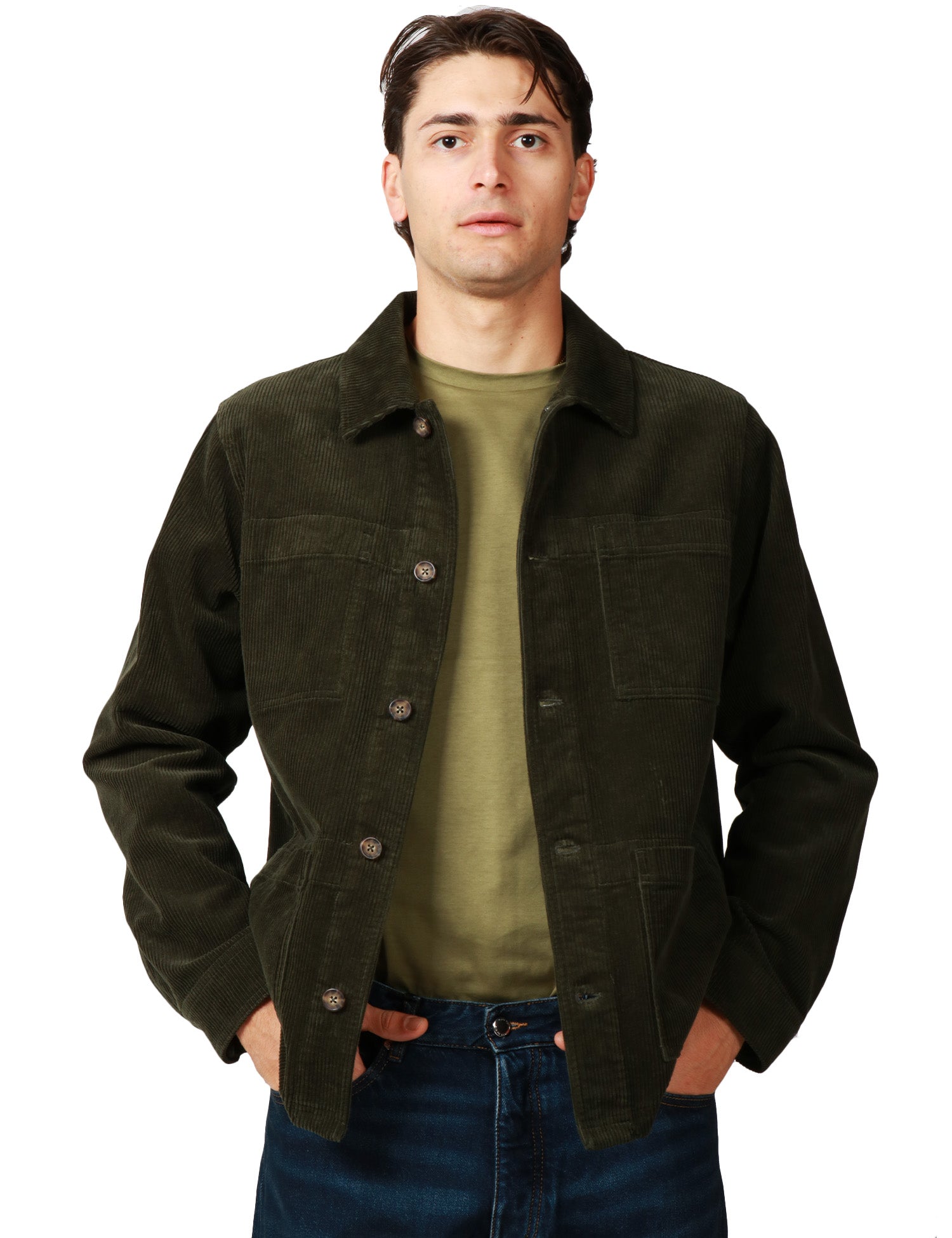 GIUBBOTTO UOMO SEBAGO VERDE SCURO IN VELLUTO DI COTONE A COSTINE CON TRE TASCHE APPLICATE DAVANTI