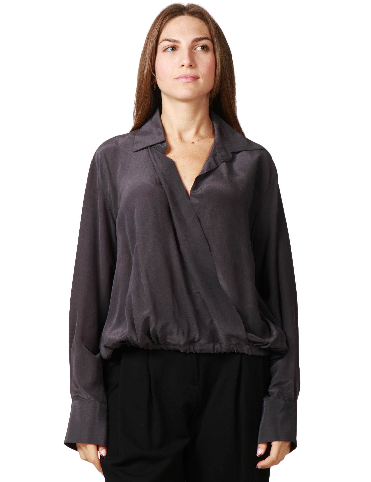 CAMICIA DONNA SEVENTY GRIGIO SCURO IN MISTO SETA CON INCROCIO DAVANTI ED ELASTICO SUL FONDO