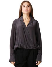 CAMICIA DONNA SEVENTY GRIGIO SCURO IN MISTO SETA CON INCROCIO DAVANTI ED ELASTICO SUL FONDO
