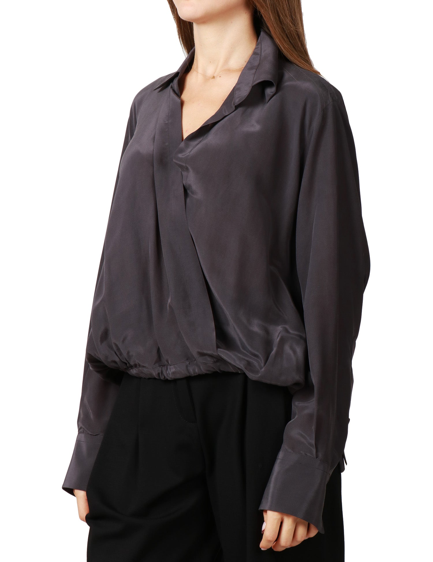 CAMICIA DONNA SEVENTY GRIGIO SCURO IN MISTO SETA CON INCROCIO DAVANTI ED ELASTICO SUL FONDO