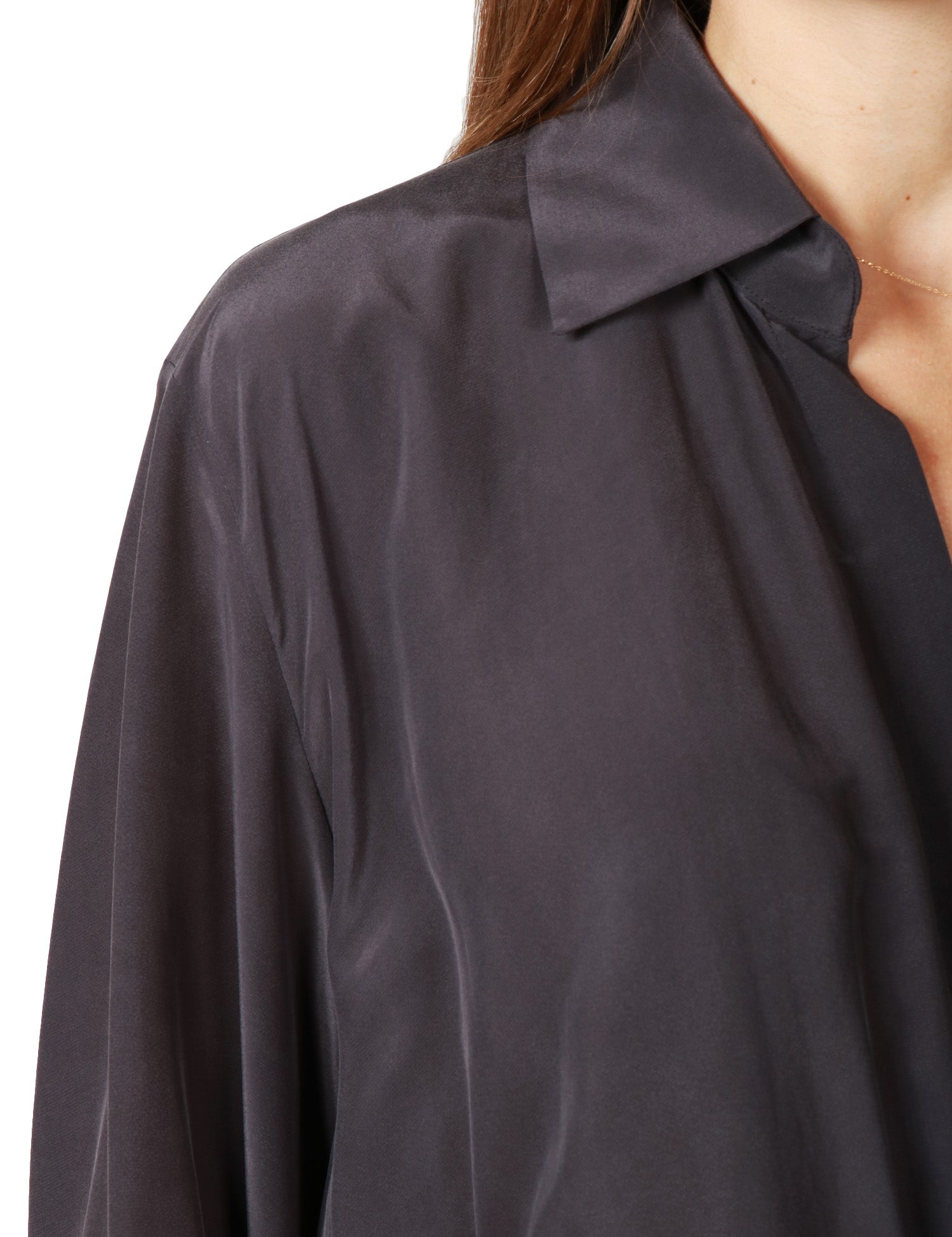 CAMICIA DONNA SEVENTY GRIGIO SCURO IN MISTO SETA CON INCROCIO DAVANTI ED ELASTICO SUL FONDO