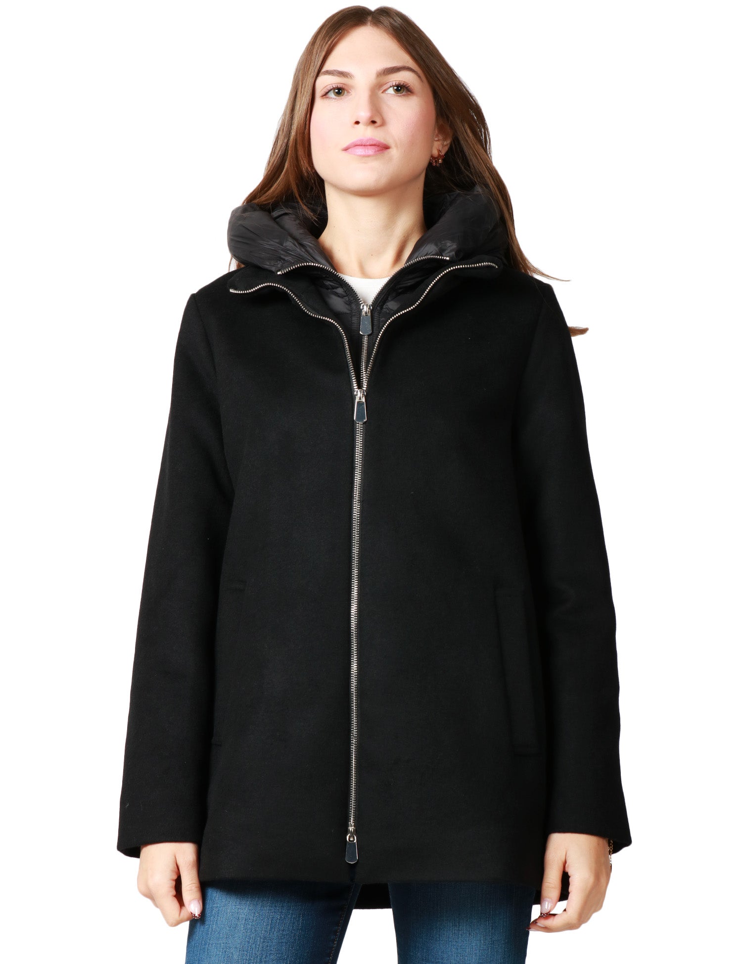 GIUBBOTTO DONNA SEVENTY NERO IN PANNO SCHIACCIATO CON DOPPIA ZIP E INTERNO IN NYLON