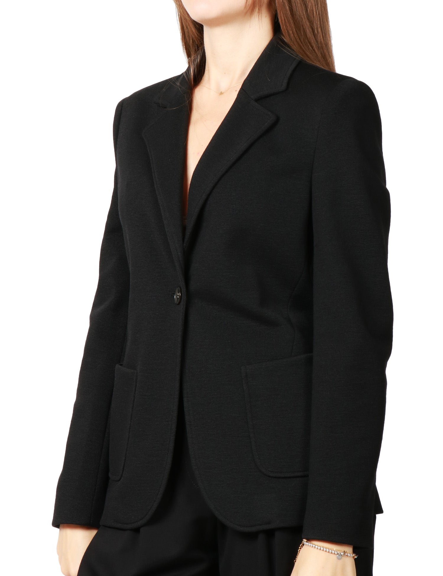 GIACCA DONNA SEVENTY NERA MONOPETTO IN MAGLIA ARMATURATA CON TASCHE APPLICATE DAVANTI