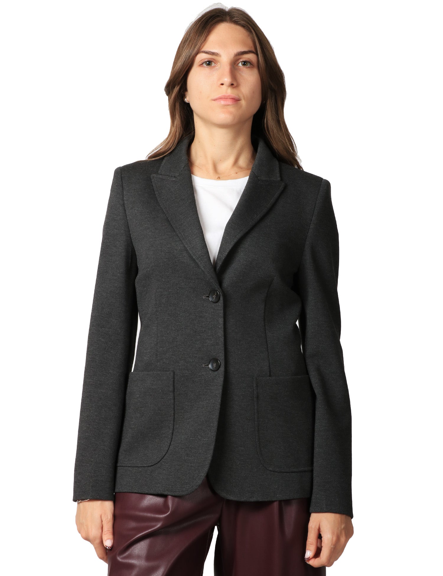 GIACCA DONNA SEVENTY ANTRACITE MONOPETTO IN MAGLIA PUNTO STOFFA CON TASCHE APLLICATE DAVANTI