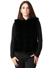 GILET DONNA SEVENTY NERO IN ECOPELLICCIA DAVANTI E IMBOTTITO DIETRO CON CAPPUCCIO