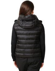 GILET DONNA SEVENTY NERO IN ECOPELLICCIA DAVANTI E IMBOTTITO DIETRO CON CAPPUCCIO