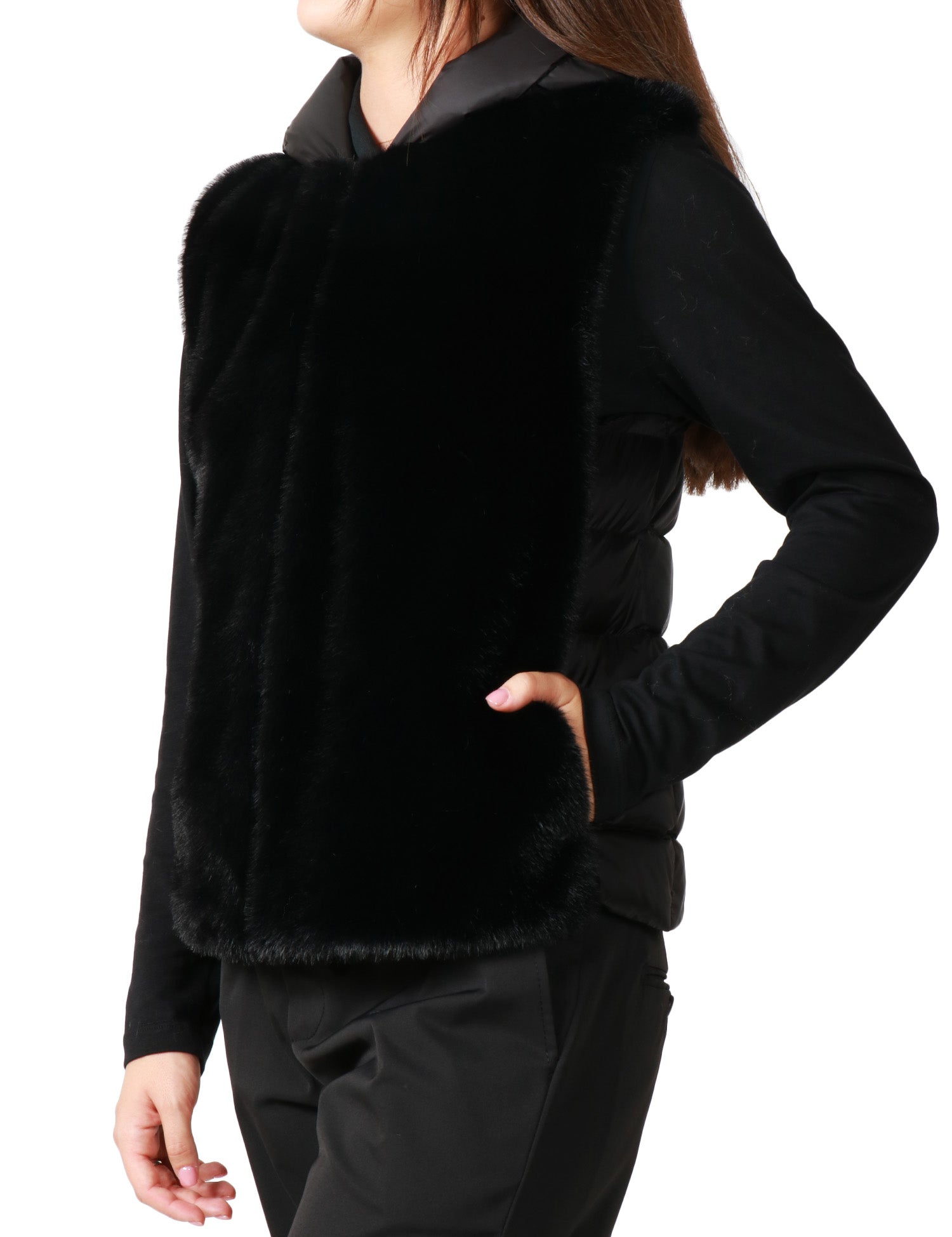 GILET DONNA SEVENTY NERO IN ECOPELLICCIA DAVANTI E IMBOTTITO DIETRO CON CAPPUCCIO
