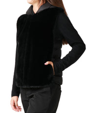 GILET DONNA SEVENTY NERO IN ECOPELLICCIA DAVANTI E IMBOTTITO DIETRO CON CAPPUCCIO