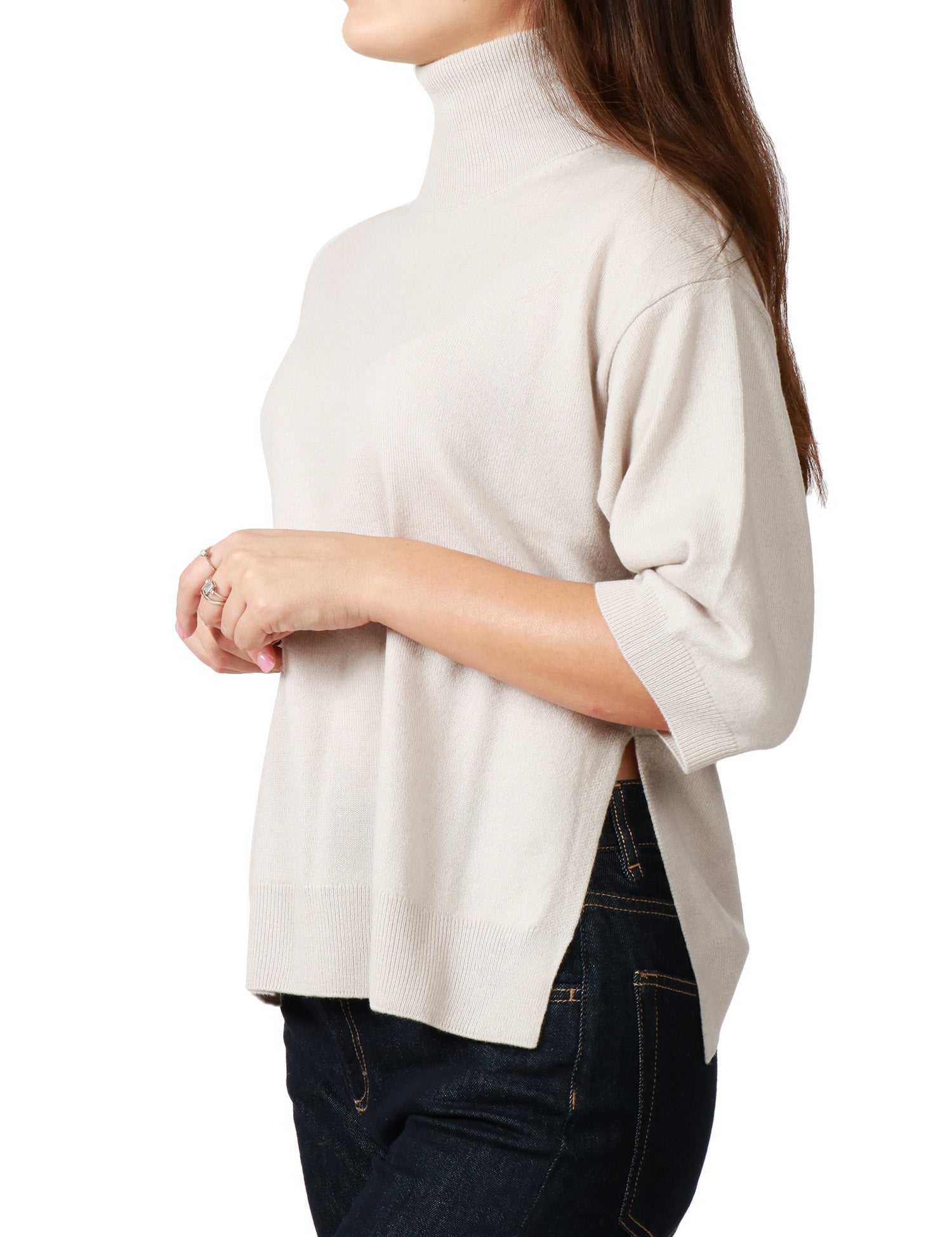 MAGLIA DONNA SEVENTY GHIACCIO LUPETTO A MEZZA MANICA IN CASHMERE CON SPACCO LATERALE