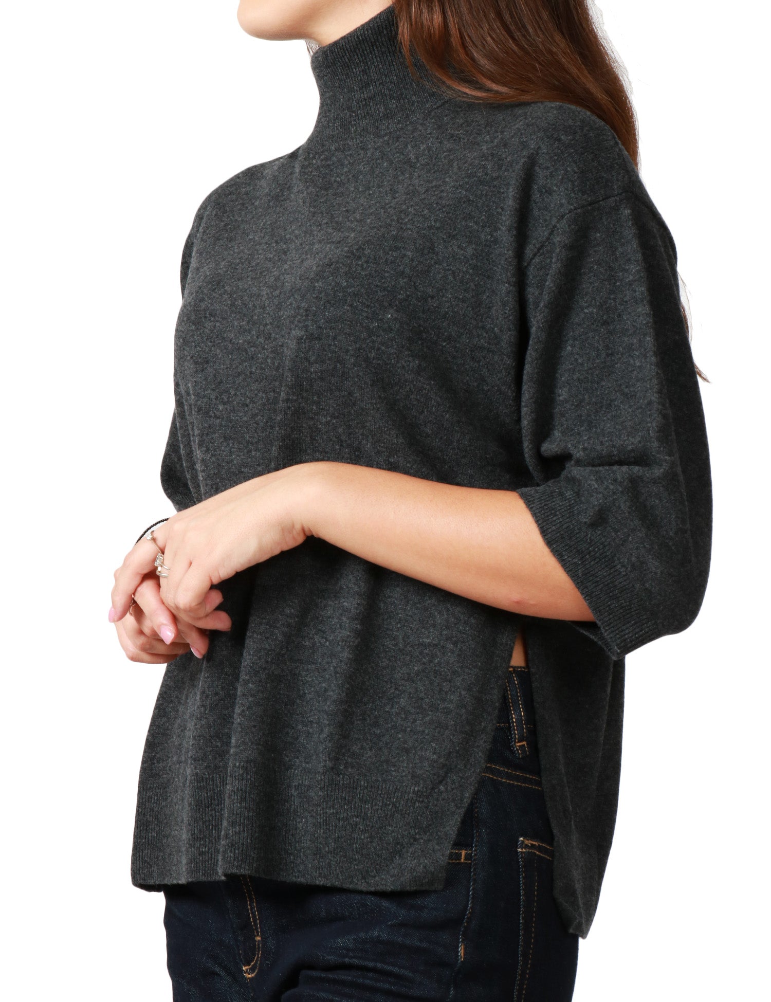 MAGLIA DONNA SEVENTY GRIGIO LUPETTO A MEZZA MANICA IN CASHMERE CON SPACCO LATERALE