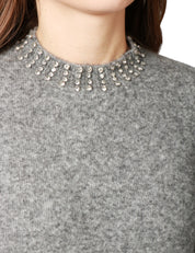 MAGLIA DONNA SEVENTY GRIGIA IN LANA E BABY ALPACA CON STRASS SUL COLLO