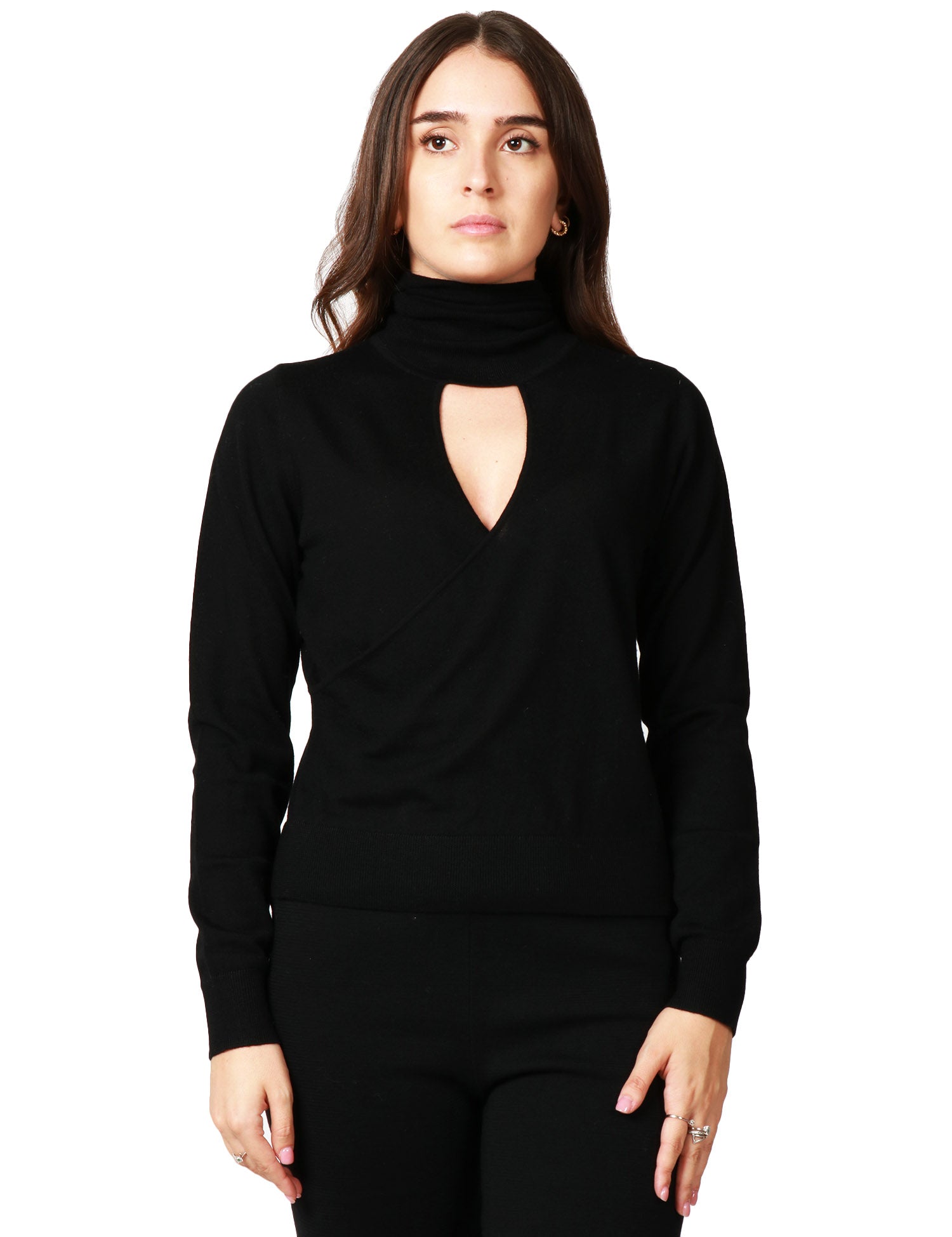 MAGLIA DONNA SEVENTY NERA DOLCEVITA CON COLLO ALTO INCROCIATO E SCOLLO A V